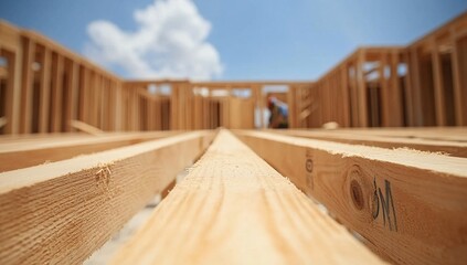 Obraz premium Close-up of wooden floor joists in a new house construction site.