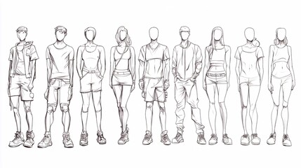 2410_077.simplified human form illustrations, clothing display models, single line art, diverse body types, faceless figures, isometric perspective