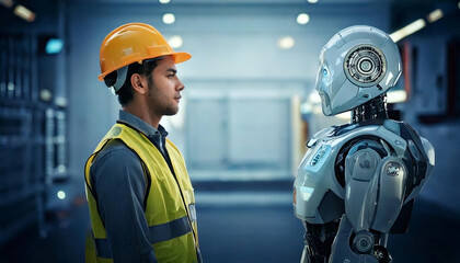 Man opposite AI robot. The concept of confrontation between humanity and artificial intelligence technology in the workplace