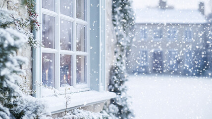 Christmas country house cottage in the English countryside style in winter season, festive holidays decoration and snow