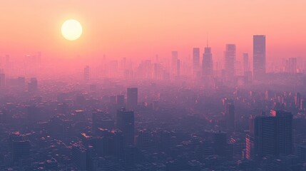 Fototapeta premium Sunset Over the Bustling Metropolis: A Hazy Urban Landscape