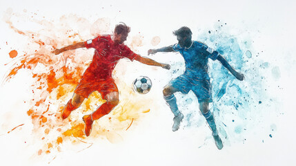 Colorful watercolor painting of soccer players are fighting for the ball