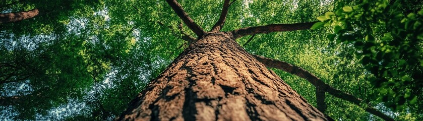 Fototapeta premium Vertical Bottom Up View Through Ancient Forest Canopy Captured During Golden Morning Light Reveals Majestic Tree Heights and Natural Patterns in Protected Woodland Area