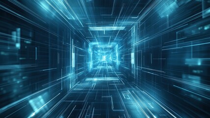 Digital Tunnel: A mesmerizing digital tunnel with glowing blue lines and squares, creating an abstract, futuristic, and technology-oriented visual. The digital tunnel evokes a sense of speed.