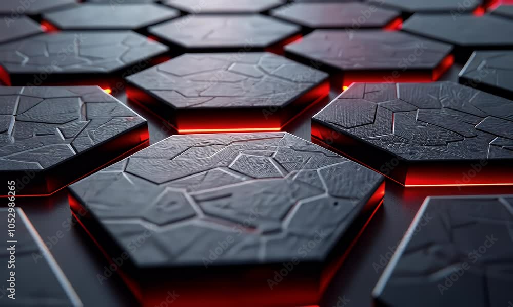 Poster 3d render of hexagon pattern with glowing red elements