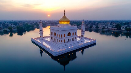 Obraz premium Golden Dome Mosque on Island Lake at Sunset Aerial View