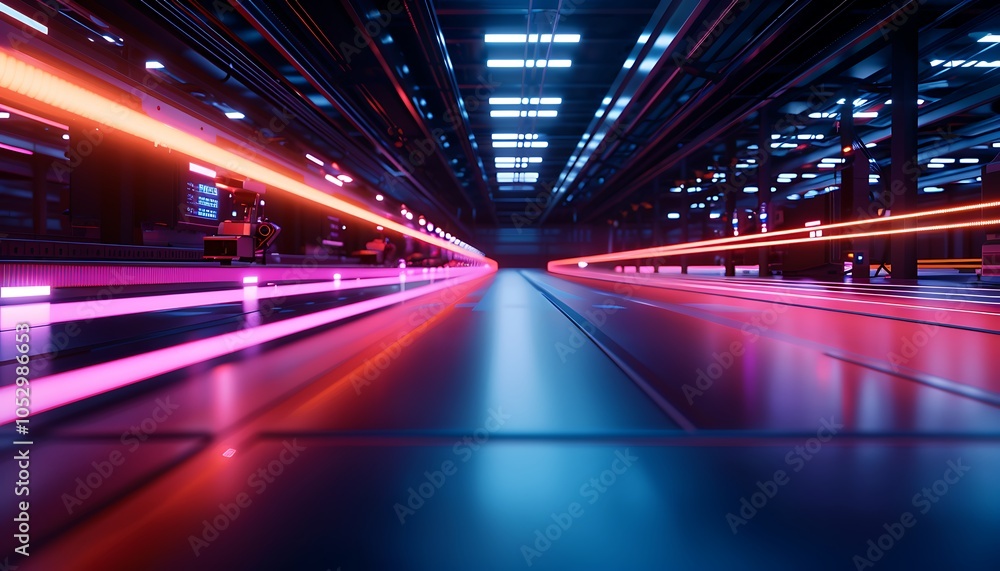 Poster Futuristic Production Line With Automated Machines and Drones Seamlessly Manufacturing Complex Machinery