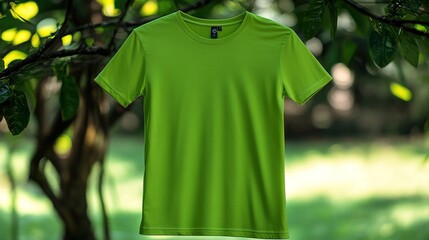 Unique white T-shirt mockup on green background, presenting a clean and minimalistic design layout perfect for branding, apparel, and fashion concepts, emphasizing the shirt’s versatility and fresh 