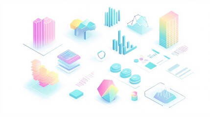 2410_022.3d statistical diagrams set, isometric perspective, pastel color scheme, simplified geometric forms, business intelligence visuals, vector illustration style, flat design with depth,