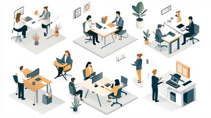 2410_034.corporate teamwork isometric illustrations, 3d office scene collection, vector art style, business professionals collaborating, muted color palette, clean geometric forms, modern workplace