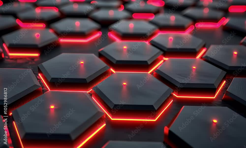 Poster 3d render of hexagon pattern with glowing red elements