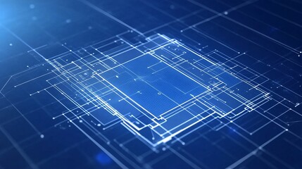 2410_010.abstract ui ux blueprint, isometric perspective, bold blue grid background, white interface shapes, clean modern design elements, digital layout concept