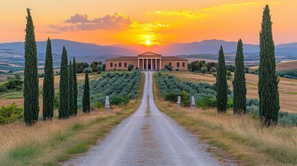 Obraz premium Classic Italian Villa with Cypress Trees and Sunset
