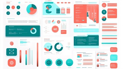 2410_030.data visualization and ui kit, flat design infographic elements, teal green and coral red color palette, vector graphics collection, web interface components, modern minimalist style,