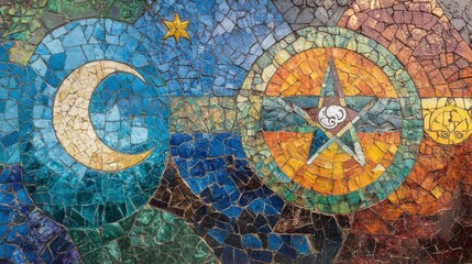 Fototapeta premium Detailed mural artwork blends symbols of faith like the cross, crescent, om, and star of david, creating a harmonious representation of interfaith unity and understanding for a diverse community