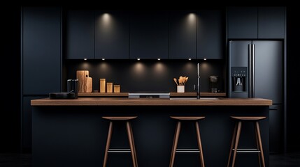 Modern Minimalist Kitchen: Sleek and sophisticated, this contemporary kitchen design features dark cabinetry, a wooden countertop, and integrated appliances.