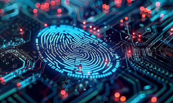 A closeup of biometric security with blue digital fingerprints glowing on an intricate circuit board background in the style of row4,208.


