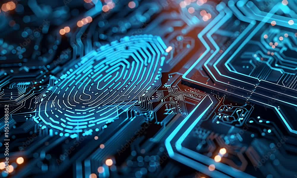 Aufkleber a closeup of biometric security with blue digital fingerprints glowing on an intricate circuit board