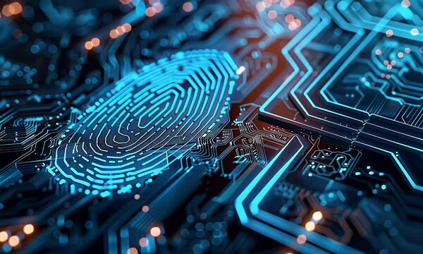 A closeup of biometric security with blue digital fingerprints glowing on an intricate circuit board background in the style of row4,208.


