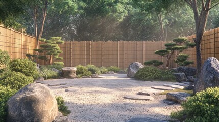 Fototapeta premium Peaceful Zen Garden with Lush Greenery and Rocks