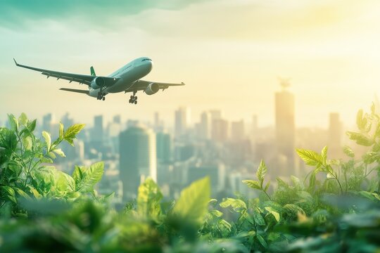 Illustration of sustainable aviation focusing on the use of biofuel energy to power future flights, showcasing eco-friendly air travel innovations and efforts to reduce carbon emissions.