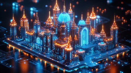 Obraz premium A futuristic city built on a circuit board with glowing lights.