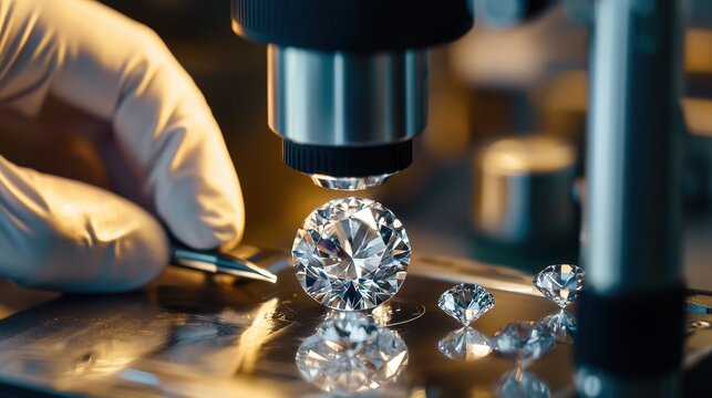 A scientist examines a lab-grown diamond under a microscope in a modern lab, analyzing its features and quality, showcasing cutting-edge technology in the gem industry.