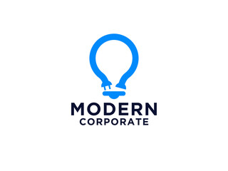Modern Electric Logo. Blue Bright Lightbulb Line Icon Electricity Symbol isolated on White Background. Usable for Business and Branding Logos.