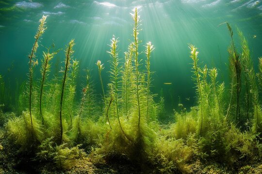 Dense Underwater Growth Pattern of Invasive Hydrilla Verticillata Spreading Aggressively Through Freshwater Pond System Demonstrating Environmental Impact in Summer Season