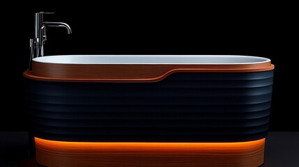 Modern Bathtub Design:  A sleek and sophisticated freestanding bathtub with a dark wooden exterior and a white interior, featuring a modern chrome faucet and warm LED lighting at the base.  