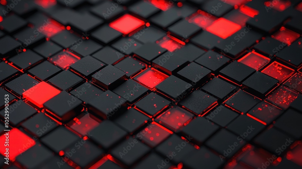 Poster a close-up view of a textured surface featuring black and glowing red squares, creating a striking c