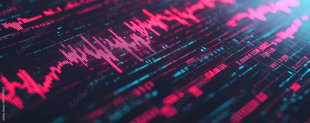 Poster a vibrant abstract representation of data visualization, featuring pulsating waveforms in pink and b