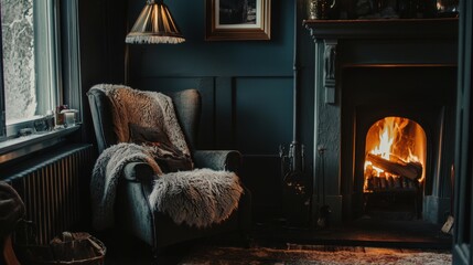 Cozy Winter Retreat: Muted Cyberpunk Neo-Noir Style Armchair by the Fireplace