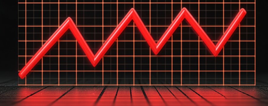 A red zigzag graph indicates fluctuating trends, showcasing increases and decreases over time against a grid backdrop.