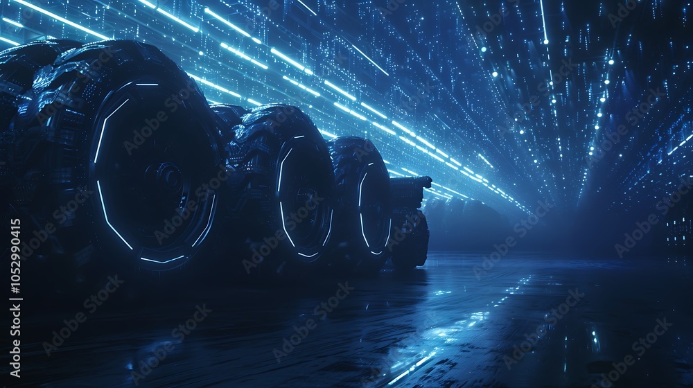 Poster futuristic industry 4.0 factory where ai and robotic systems manage neon-lit production in real time