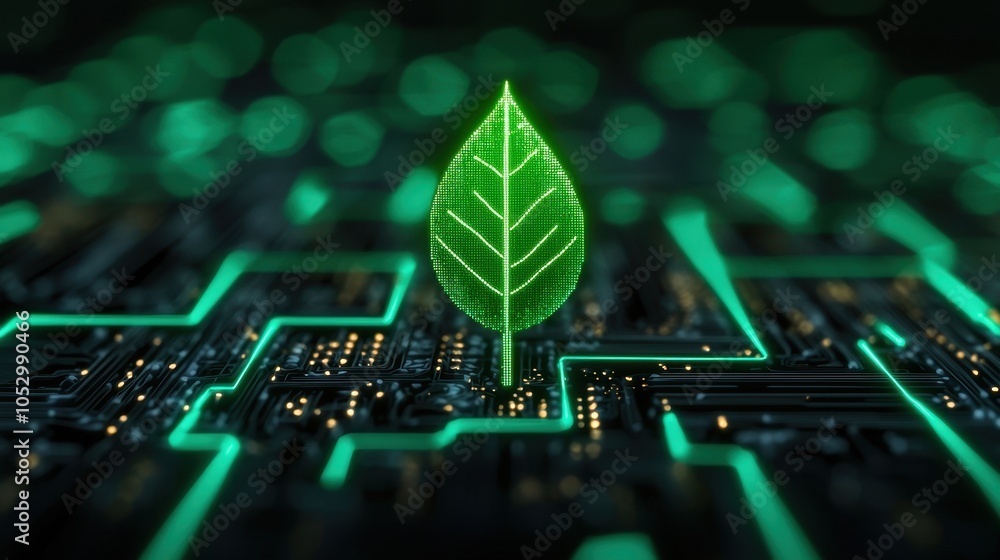 Poster a glowing green leaf is centered on a circuit board, symbolizing the fusion of technology and nature