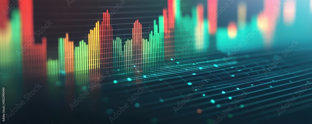 Poster a vibrant digital analysis of data metrics with colorful bar graphs and waveforms, illustrating tren