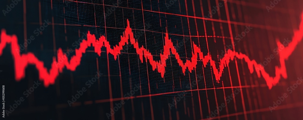 Poster a dynamic graph reflects fluctuating data trends, showcasing intense red lines over a dark backgroun