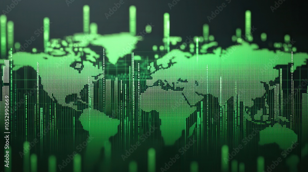 Poster a green digital world map with vertical lines representing data points, illustrating technology and 