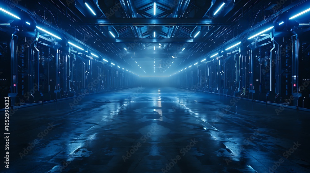 Poster Futuristic Industry 4.0 Factory Where AI and Robotic Systems Manage Neon-Lit Production in Real Time