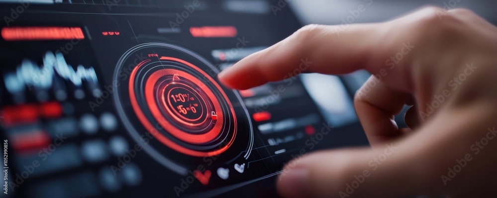Poster a hand interacts with a digital interface displaying circular data visualizations and metrics, featu