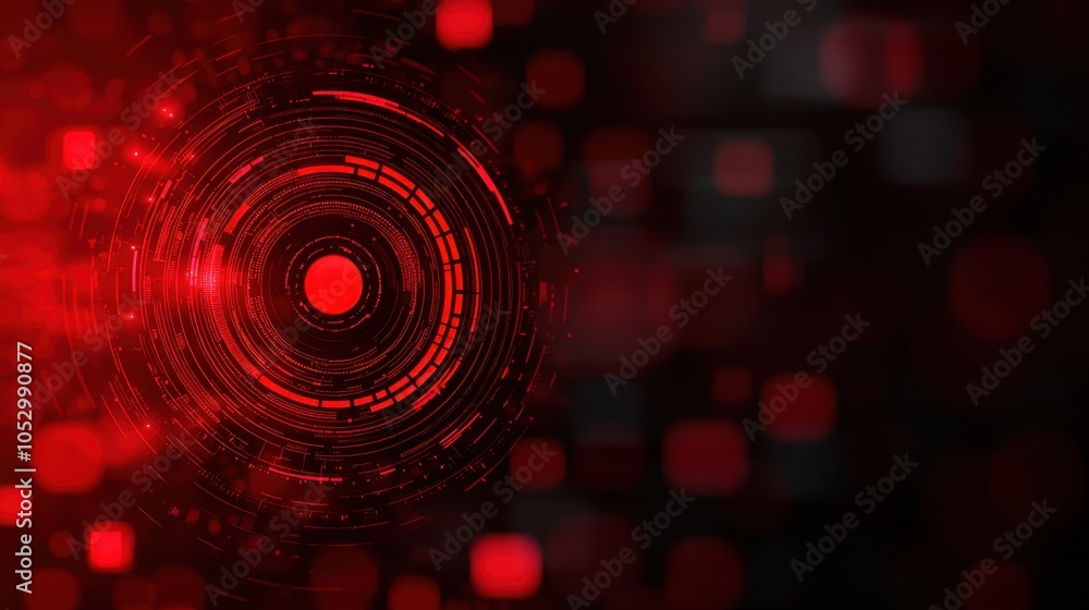 Poster A vibrant red abstract design featuring circular patterns and digital squares, creating a dynamic and modern visual effect.