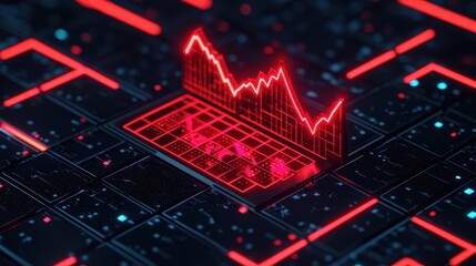 A digital graphic featuring a red financial chart on a dark, grid-like background with glowing elements, symbolizing market trends and data analysis.