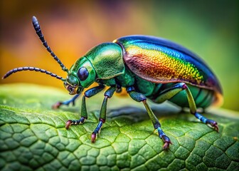 Naklejka premium Macro lens unveils the beauty of a beetle on a leaf.