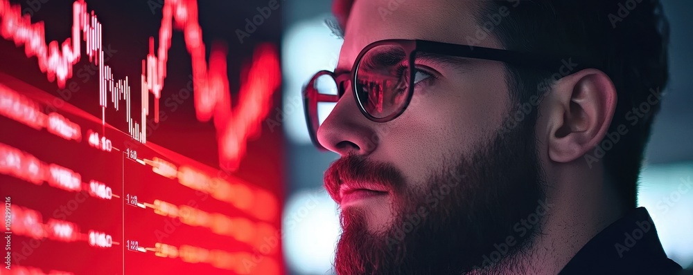 Poster a focused individual analyzes financial data displayed on a screen, with red graphics representing m