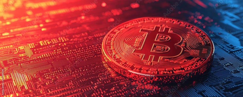 Poster a luminous bitcoin on a digital circuit background, representing cryptocurrency and modern technolog