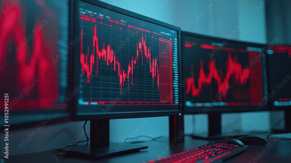 Poster a close-up view of multiple computer monitors displaying red financial graphs and charts, indicating