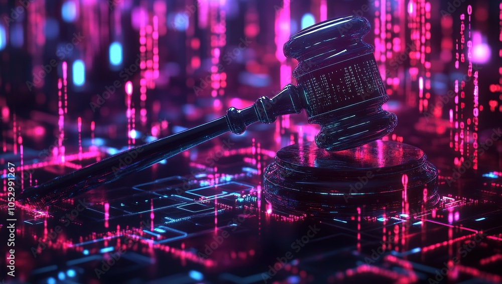 Poster a gavel, a symbol of justice, sits on a circuit board with digital code in the background, represent