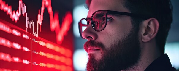 A focused individual analyzes financial data displayed on a screen, with red graphics representing market trends.