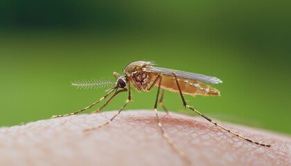 A close-up of a mosquito biting human skin, highlighting its anatomy and the interaction with the host.